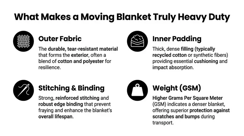An infographic detailing the four key components that make a moving blanket heavy-duty for protection.