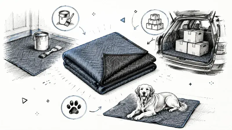 A versatile heavy-duty moving blanket used for painting protection, car cargo cushioning, and pet bedding.