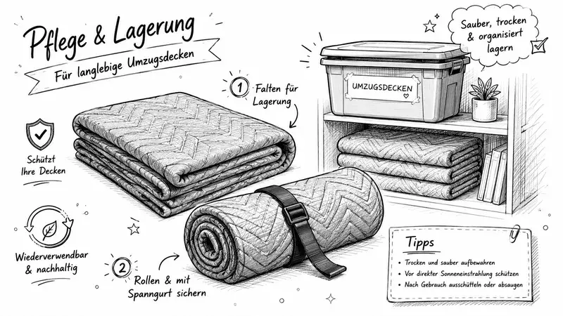 A guide showing how to fold, roll, and store moving blankets to keep them clean and organized.