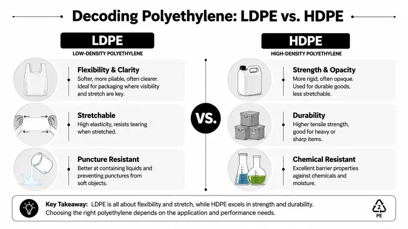 A comparison chart showing the differences between LDPE and HDPE plastics for packaging and durability applications.