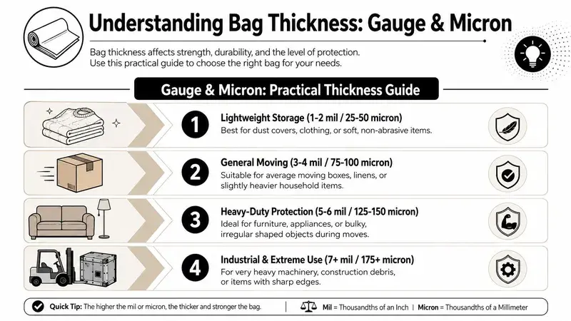 An infographic explaining bag thickness levels for various uses ranging from lightweight storage to industrial applications.