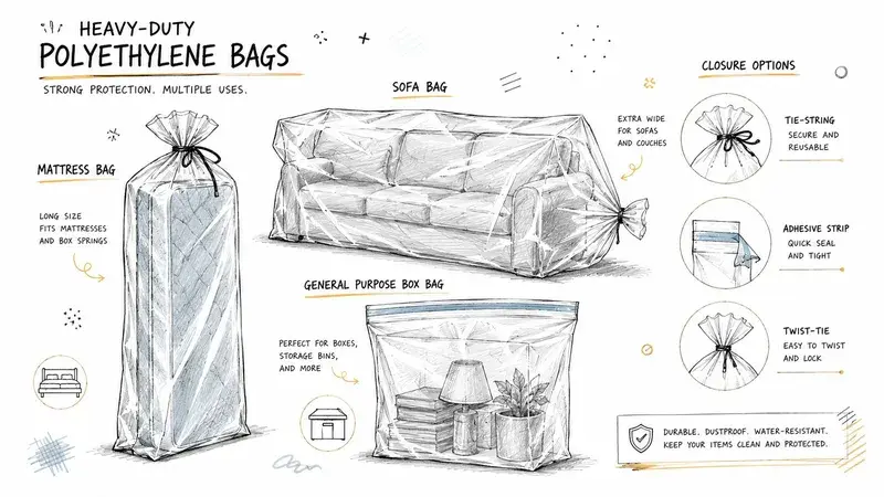 An illustration showing heavy-duty polyethylene bags used for protecting mattresses, sofas, and various household storage items.
