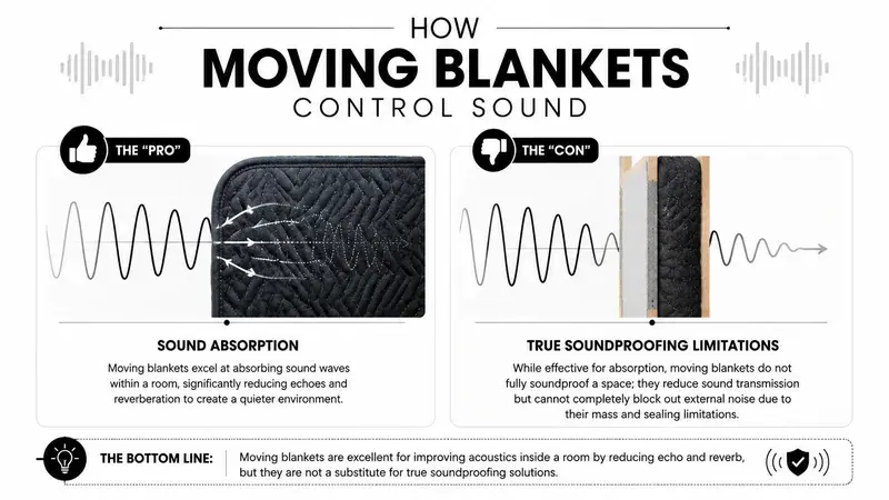 An infographic explaining how moving blankets function for sound absorption versus their limitations in true soundproofing applications.