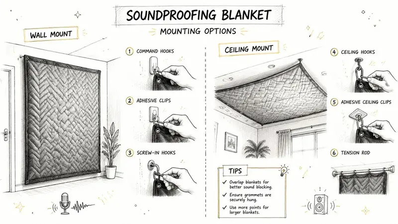 An instructional diagram showcasing various mounting methods for hanging a heavy soundproofing blanket on walls or ceilings.