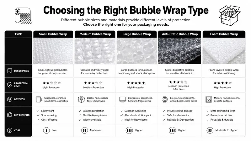 A chart comparing various types of bubble wrap, including their descriptions, protection levels, uses, benefits, and relative costs.