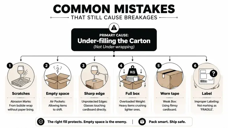An infographic titled Common Mistakes showing how under-filling boxes causes broken glassware and damaged shipping items.