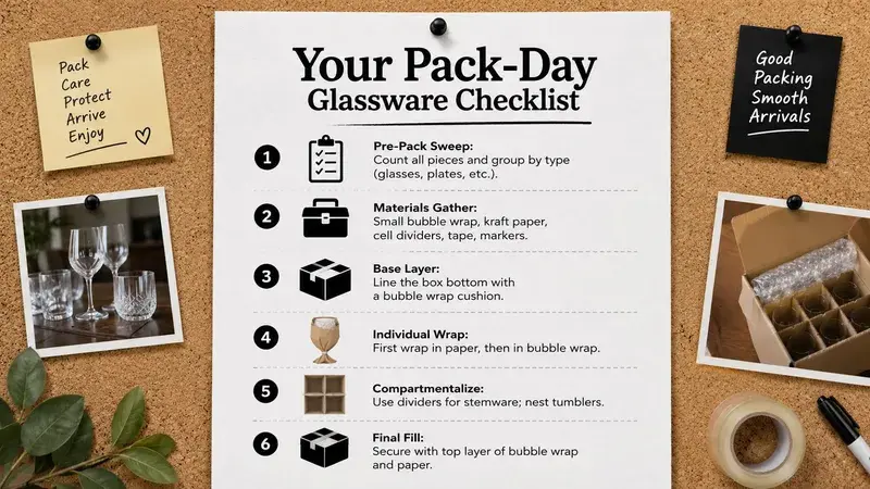 A checklist titled Your Pack-Day Glassware Checklist displayed on a corkboard with packing supplies and glassware.