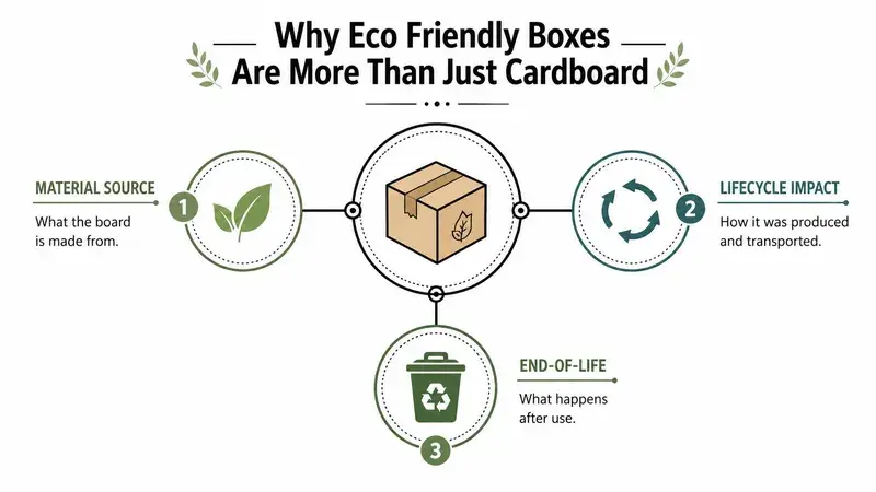 An infographic illustrating three key factors for eco friendly boxes including material source, lifecycle impact, and end-of-life disposal.