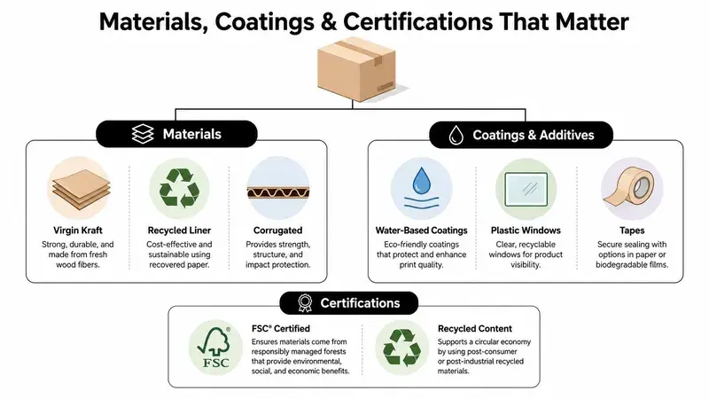 An infographic detailing materials, coatings, and certifications used for producing eco-friendly and sustainable shipping boxes.