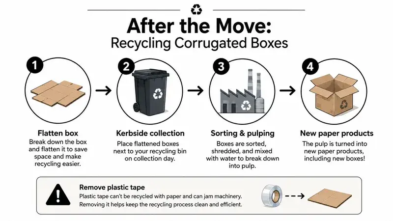 A four-step infographic illustrating the process of flattening and recycling used corrugated cardboard boxes.
