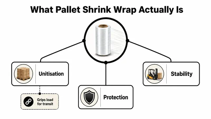 A diagram illustrating the three key functions of pallet shrink wrap: unitisation, protection, and load stability.
