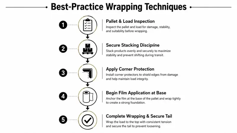 A numbered infographic illustrating the five best-practice steps for pallet and load wrapping procedures.