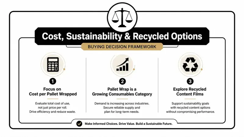 A professional infographic titled Cost, Sustainability and Recycled Options outlining a buying decision framework for pallet wrap.