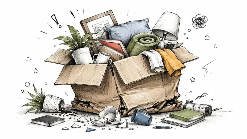 An overflowing cardboard moving box filled with household items like books, plants, and clothing on white.