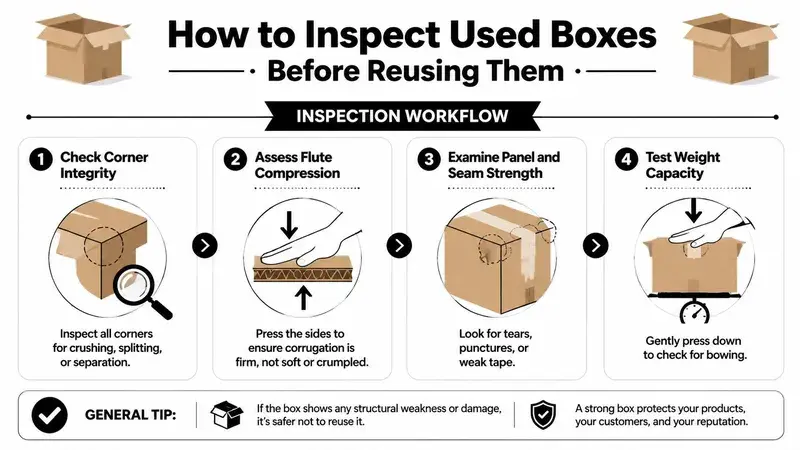 A four-step infographic illustrating how to inspect used cardboard boxes for structural integrity before reusing them.