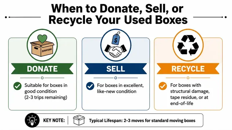 An infographic showing when to donate, sell, or recycle used moving boxes based on their condition.