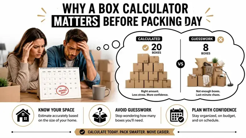 A couple stressed about moving planning with a calendar, comparing calculated versus guessed packing box amounts.
