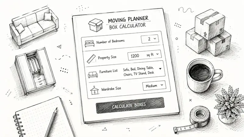 A digital moving planner form interface surrounded by sketches of furniture, moving boxes, and stationery items.