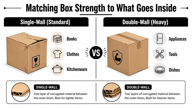 An infographic comparing single-wall and double-wall cardboard boxes, illustrating suitable items for each moving box type.