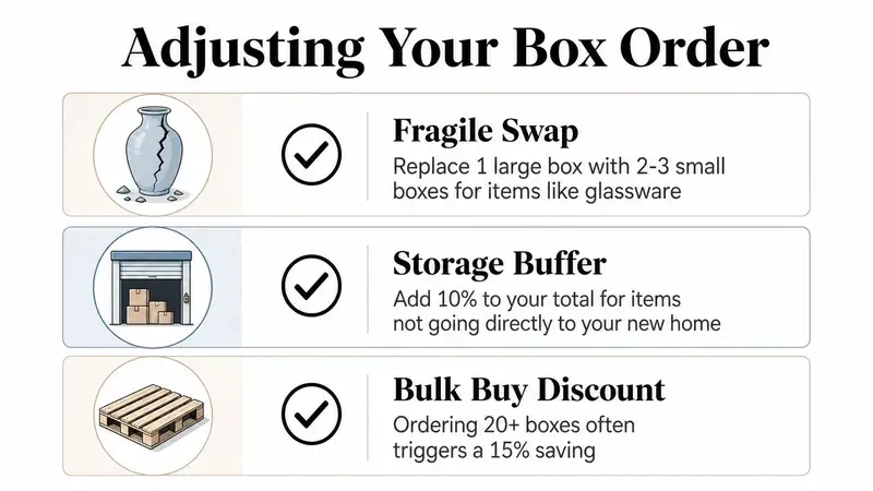 An infographic titled Adjusting Your Box Order featuring tips for Fragile Swap, Storage Buffer, and Bulk Buy Discount.