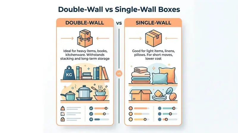 A comparison chart showing the differences between double-wall and single-wall boxes for packing and moving items.