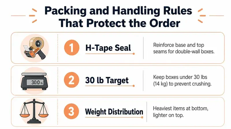 An infographic showing three essential rules for packing and handling shipping boxes to ensure order safety.