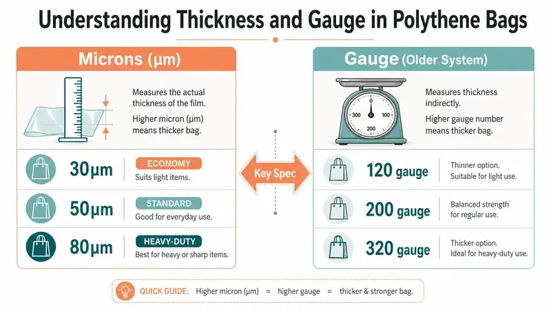 A comparison chart explaining the relationship between microns and gauge measurements for polythene bag thickness.