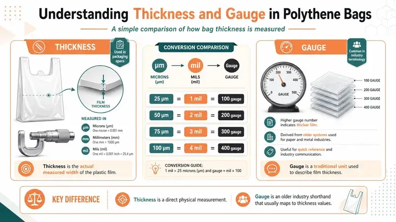 An infographic showing the relationship between thickness, gauge, microns, and mils for measuring polythene bag material.