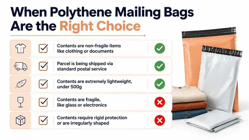 A chart illustrating when to use polythene mailing bags for shipping items based on weight and fragility.