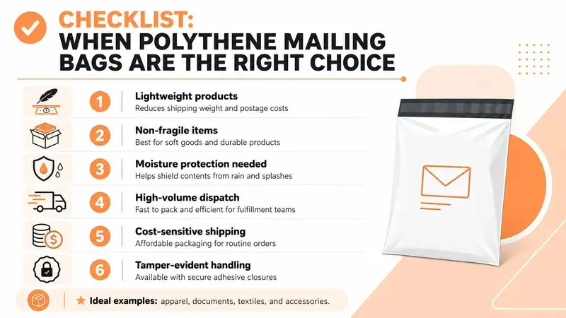 A checklist infographic explaining when to choose polythene mailing bags for shipping lightweight, durable, and cost-effective products.
