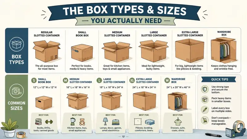 A helpful infographic showing various cardboard box types, sizes, and their best uses for moving homes.