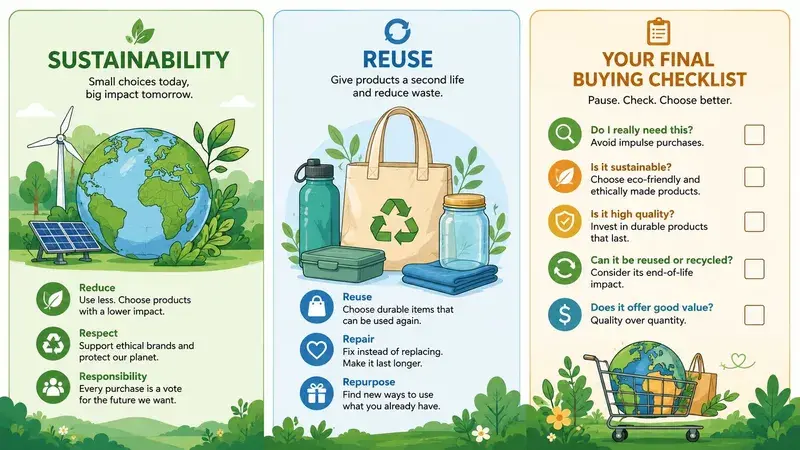 An infographic titled sustainability featuring tips on reducing waste, reusing items, and a conscious buying checklist.