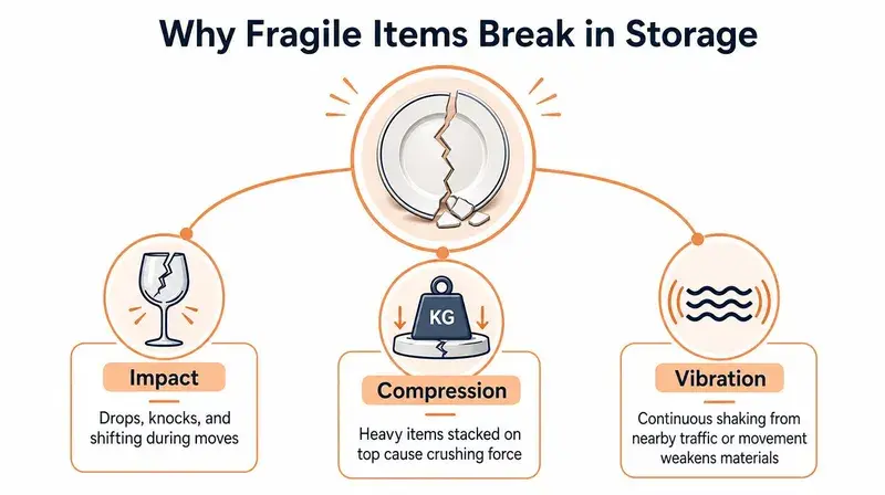 An infographic illustrating three main causes of fragile items breaking in storage: impact, compression, and vibration.
