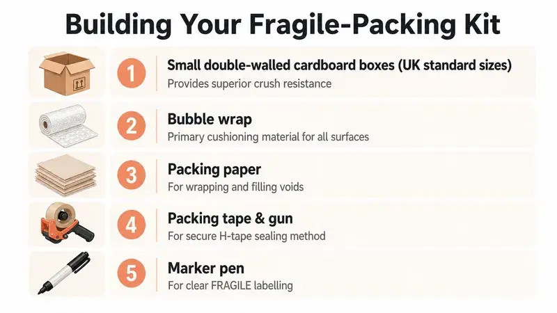 A list titled Building Your Fragile-Packing Kit featuring five essential items for packing fragile goods safely.