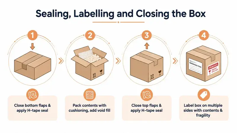 An infographic showing the four-step process for securely sealing, packing, and labeling a cardboard shipping box.