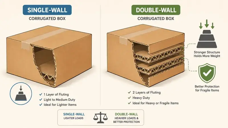 A comparison illustration showing the structural differences between single-wall and double-wall corrugated cardboard shipping boxes.