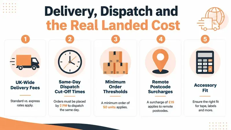 An infographic detailing delivery, dispatch, and cost factors including courier fees, cut-off times, and order thresholds.