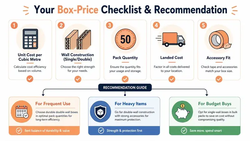 A checklist and recommendation guide infographic for comparing and selecting cost-effective cardboard boxes for shipping.