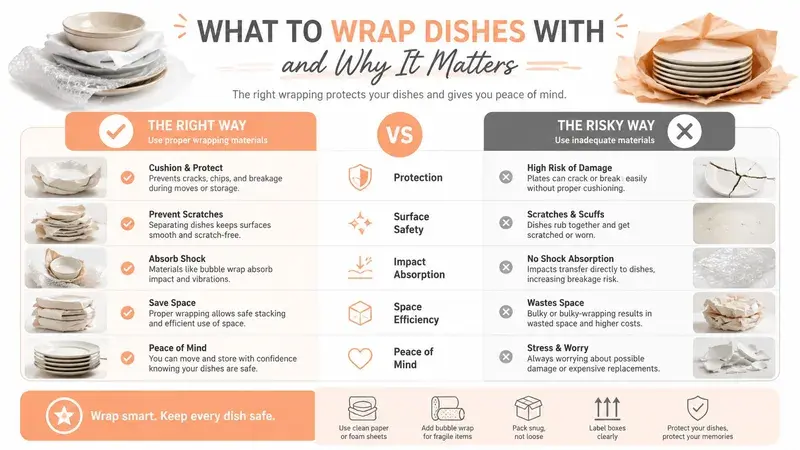 A comparison chart showing the right versus risky ways to pack dishes for moving or storage.