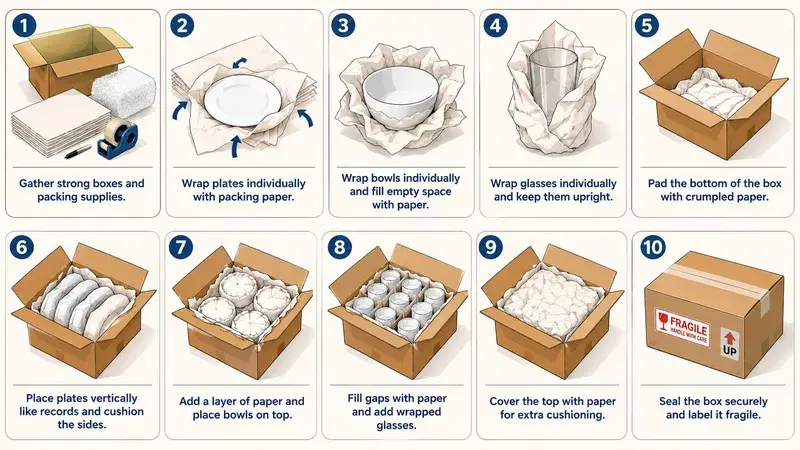 A ten-step illustrated guide showing how to properly wrap and pack kitchen dishes into a cardboard box.