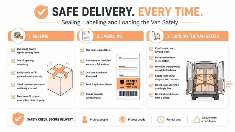A safety infographic guide for sealing, labeling, and loading delivery boxes into a transport van safely.