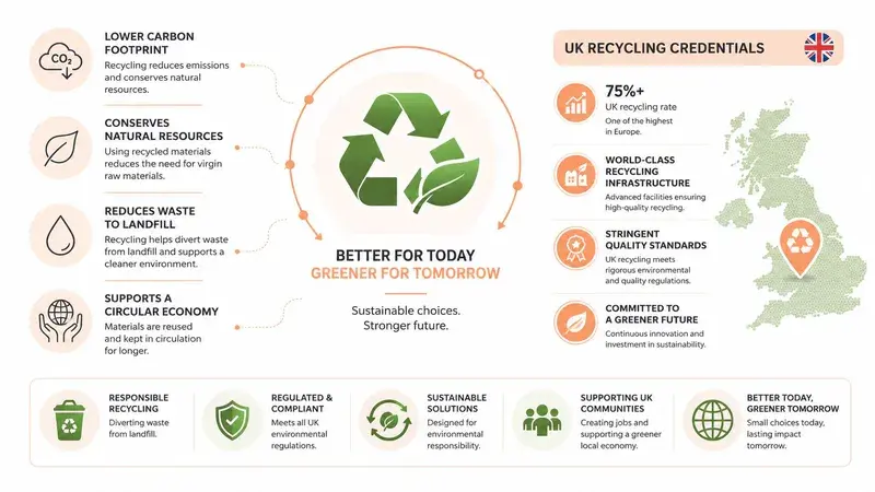 An infographic showing the environmental and economic benefits of recycling for a sustainable future in the UK.
