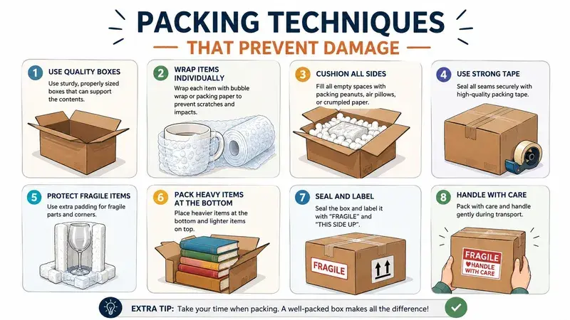 An instructional infographic detailing eight essential steps for packing boxes to prevent damage during shipping or transport.