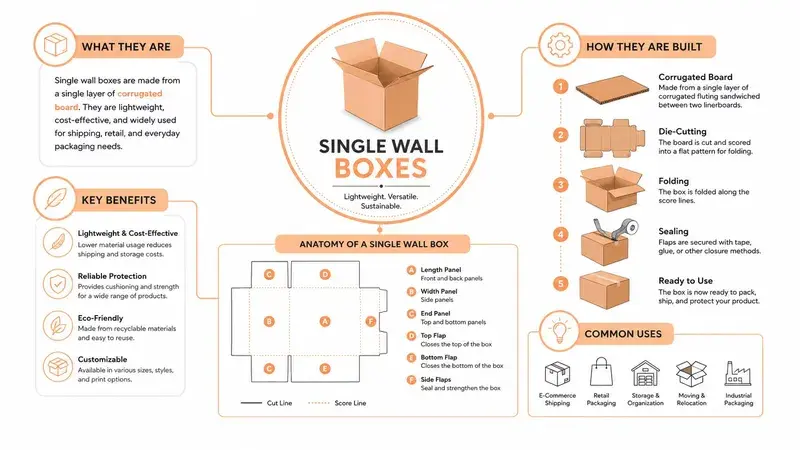 An educational infographic explaining the definition, benefits, construction, anatomy, and common uses of single wall boxes.
