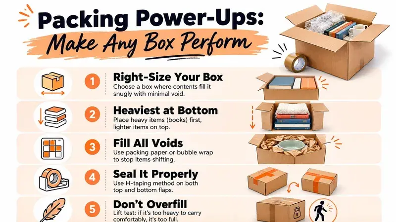 A helpful infographic showing five essential steps for properly packing items into cardboard boxes for moving.