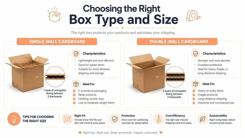 A comparison guide for choosing the right cardboard box type and size for shipping and storage.