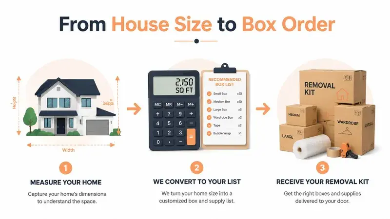 A three-step infographic showing how to calculate moving box needs based on your home size.