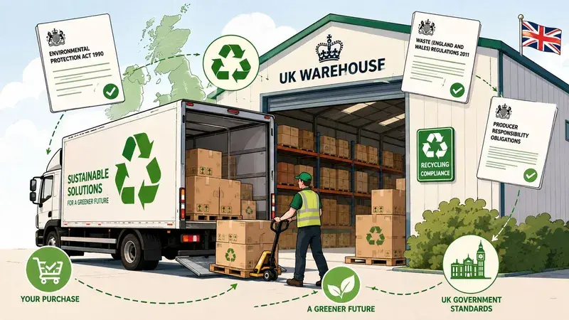 A worker loading cardboard boxes into a delivery truck at a warehouse under UK environmental regulations.