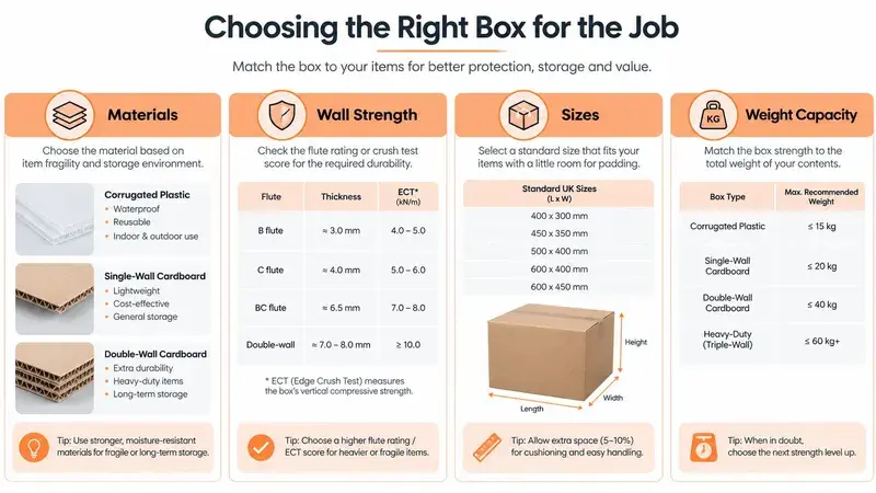 A comprehensive infographic guide explaining how to choose the right cardboard or plastic box for storage needs.