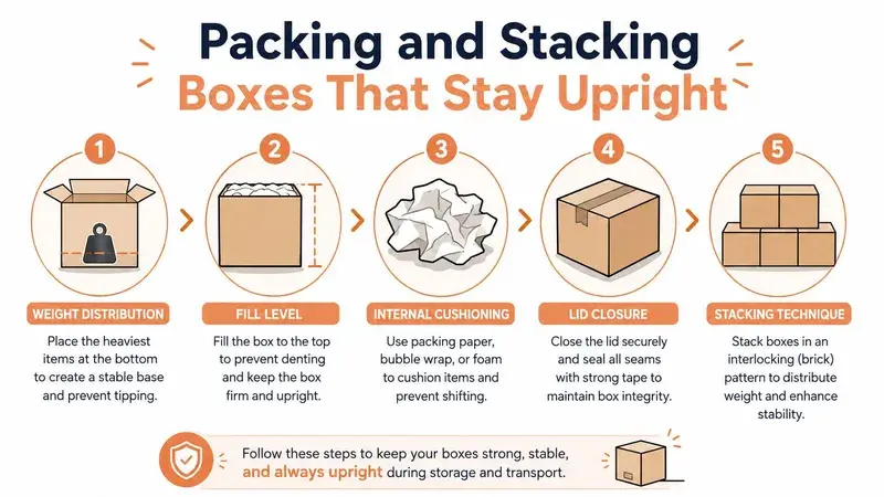 An infographic showing five steps for safely packing and stacking moving boxes to keep them stable.